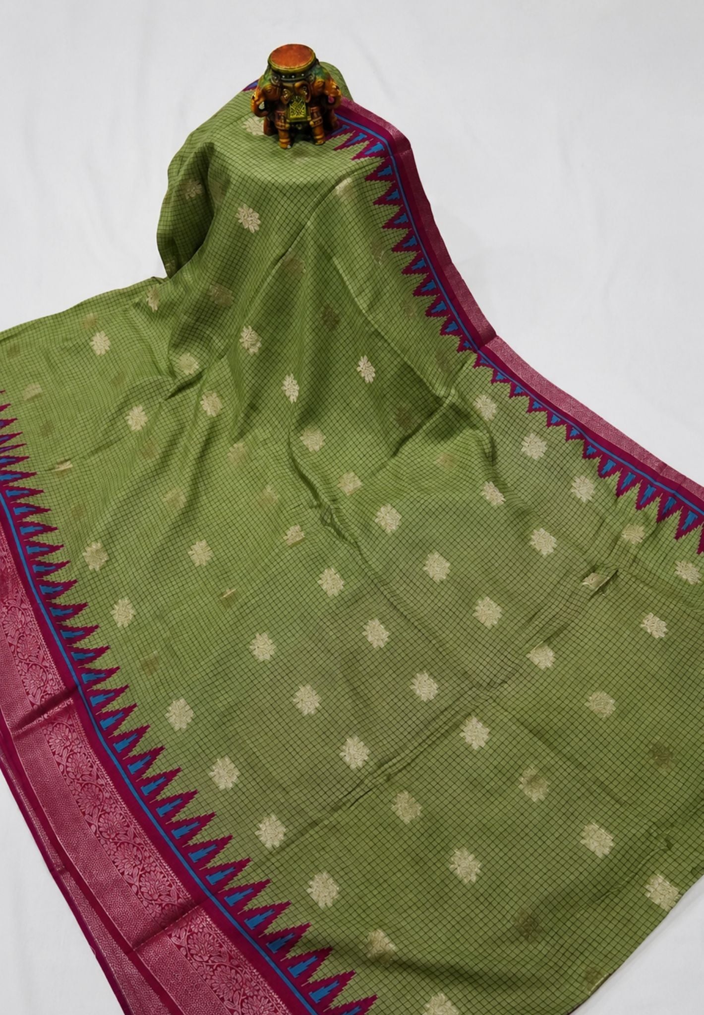 Dola Saree with Checks and Contrast Border- Green - Magenta