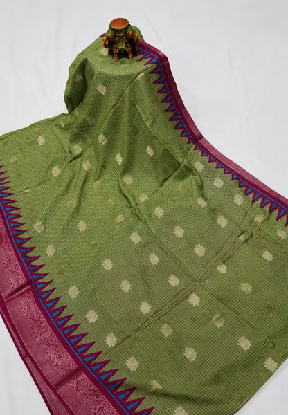Dola Saree with Checks and Contrast Border- Green - Magenta