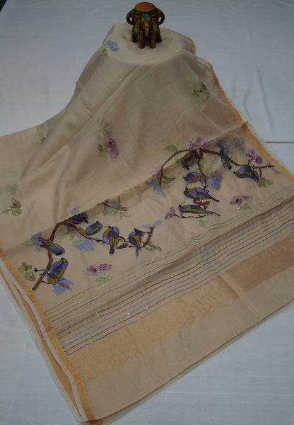 Kota Saree with Bird Embroidery Work - Beige