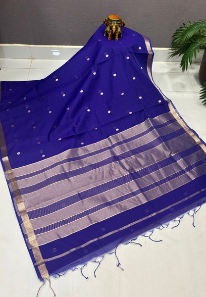 Semi Maheswari Saree-Ms Blue In Multi-Stripe Zari Border