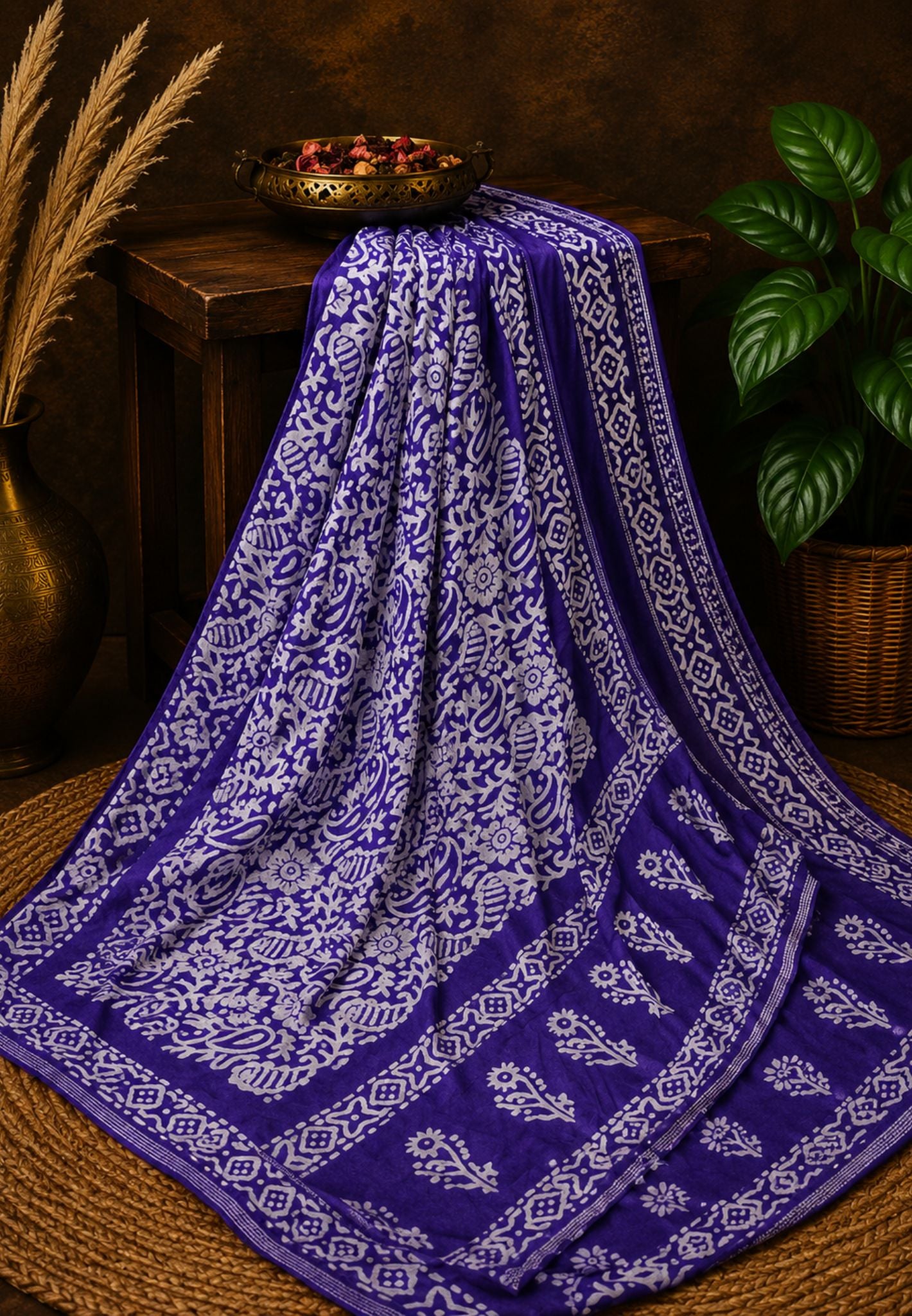 Cotton Saree-Violet with Batik Print