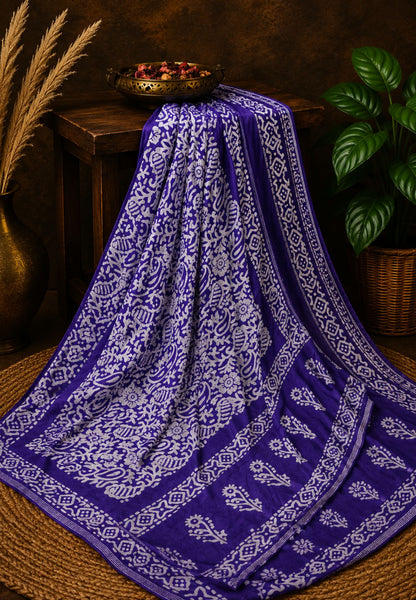 Batik Tussar Saree-Violet with Batik Print