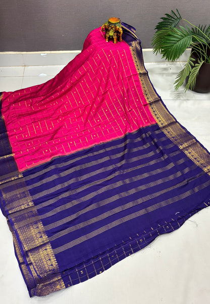 Viscose Saree-Rani Pink in Checked Zari Pattern Border