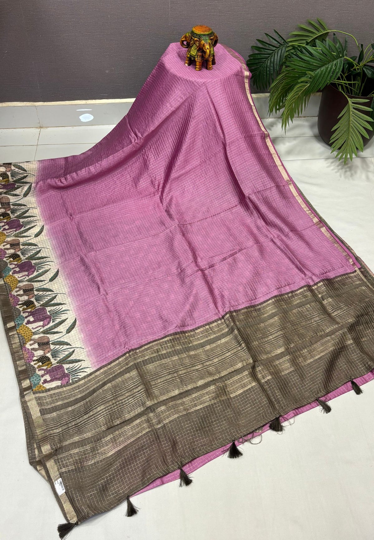 Chanderi Saree-Purple in Elephant Checks Border