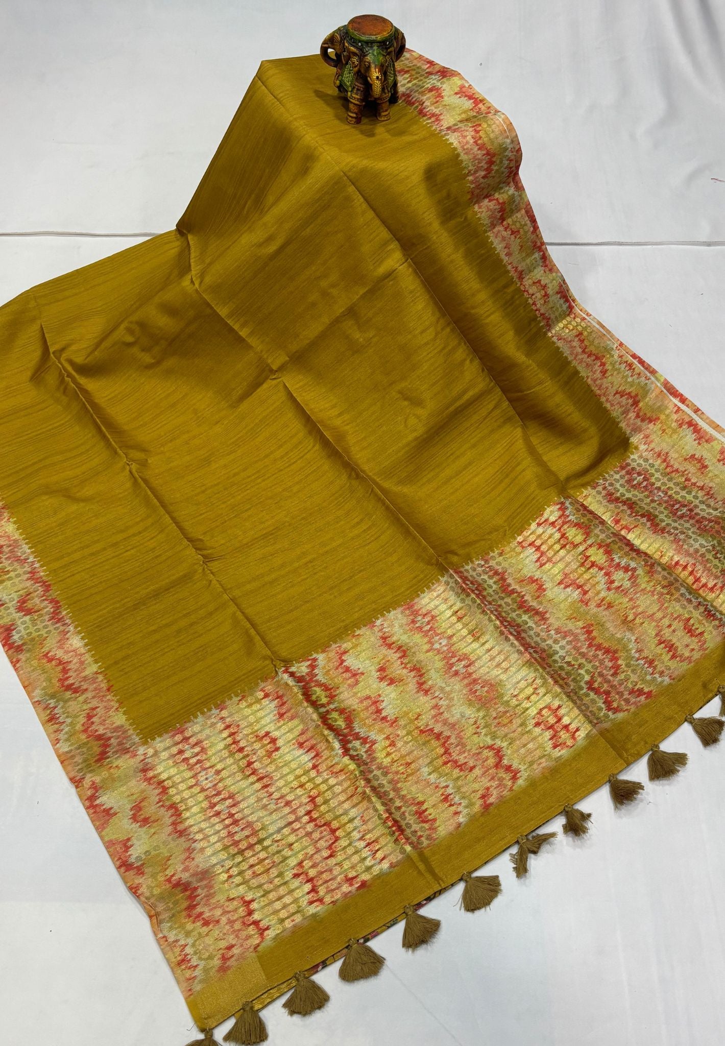Semi Tussar Saree-Yellow with Coin Zari Border