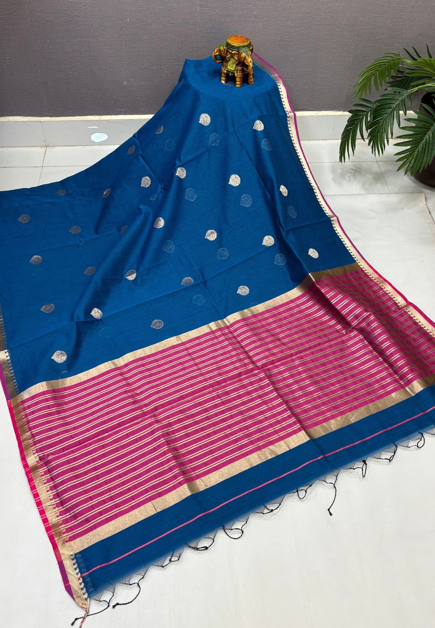 Semi Maheswari Saree-Peacock Blue In Golden Stripe Border