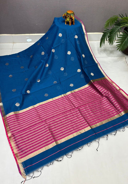 Semi Maheswari Saree-Peacock Blue In Golden Stripe Border