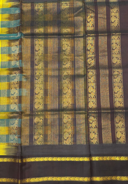 Pure Silk Cotton Saree–Blue in Checked Zari with Contrast Border