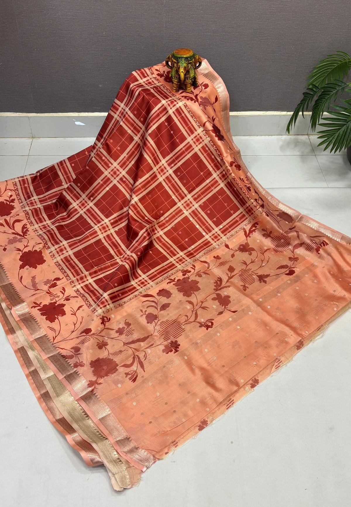 Soft Tussar Saree-Brick Red In Hibiscus Floral Border