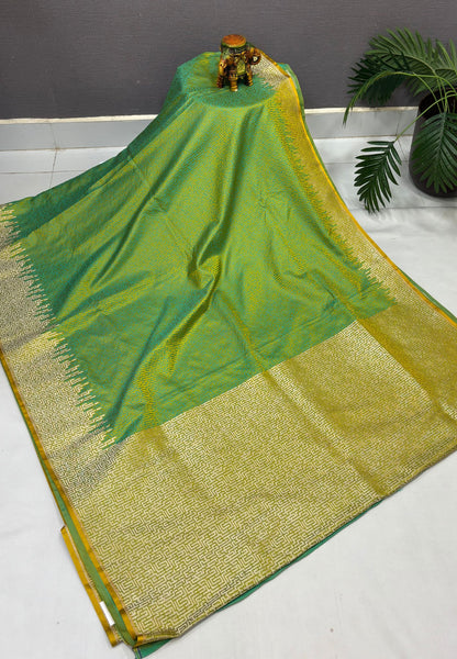 Crepe Silk Saree-Green In Geometric Maze Zari Border