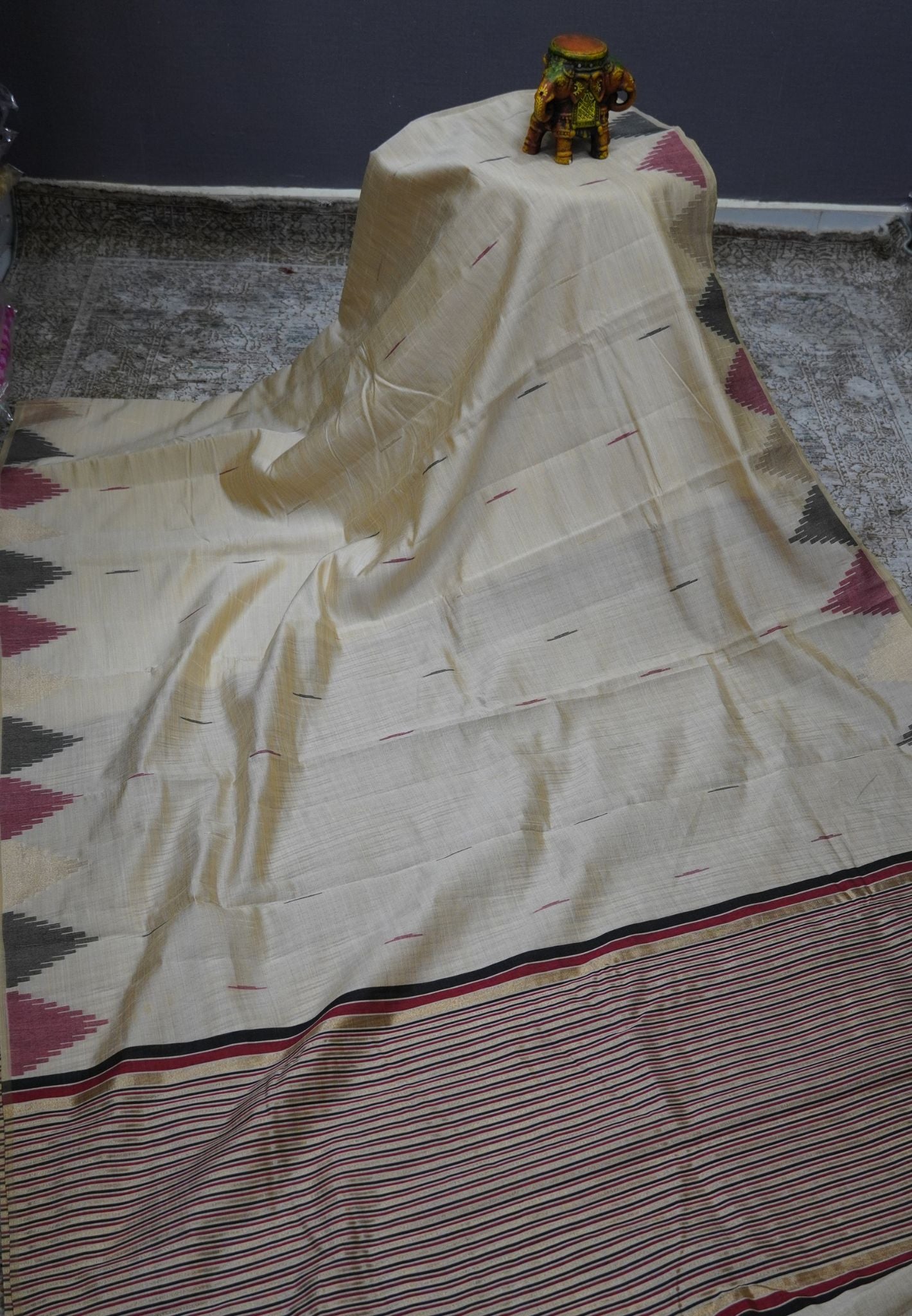Semi Tussar Saree – Contemporary Temple Border Design – Beige