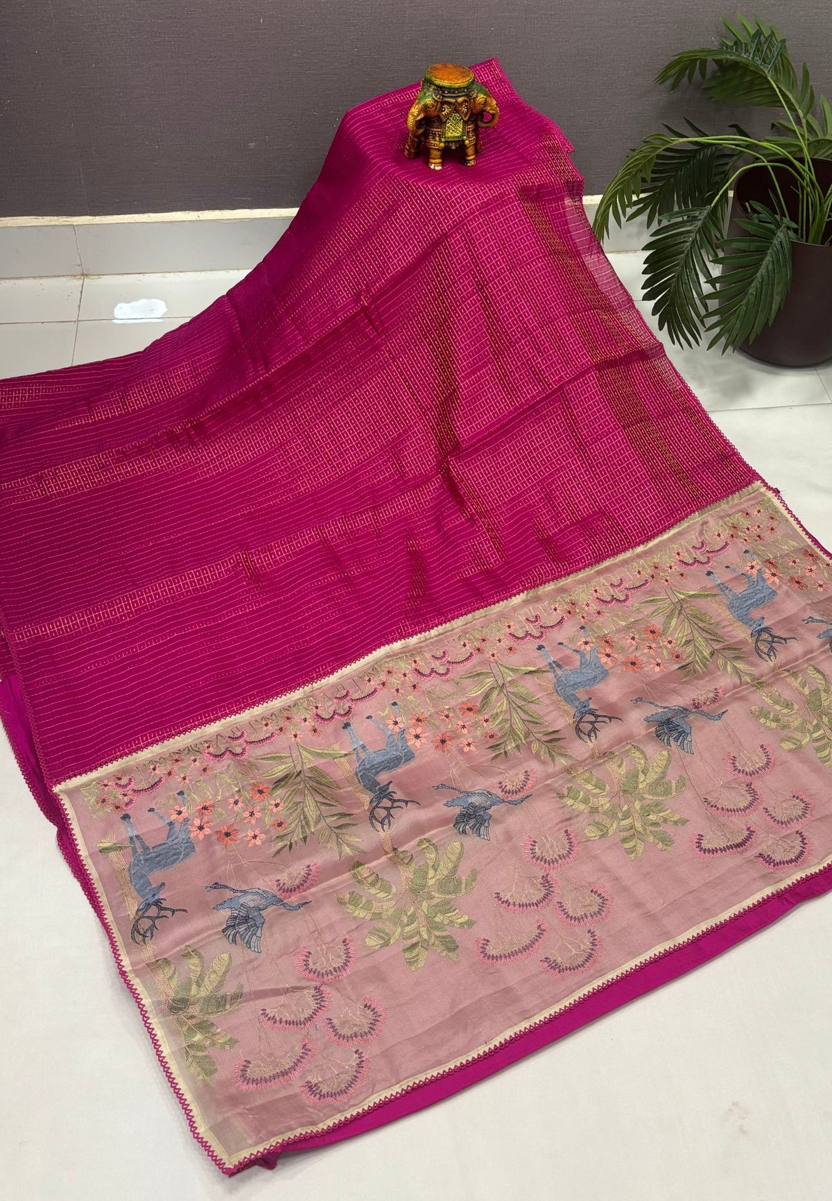 Soft Chiniya Silk Saree-Rani Pink in Thousand Butta Deer & Floral Border