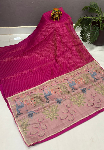 Soft Chiniya Silk Saree-Rani Pink in Thousand Butta Deer & Floral Border