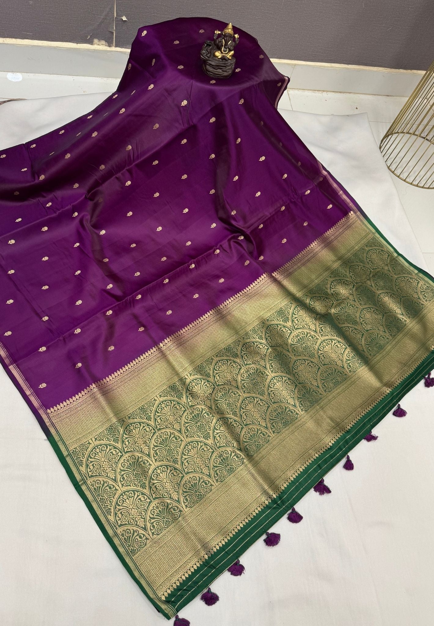 Gaji Silk Saree-Wine In Paisley Jaal Zari Border