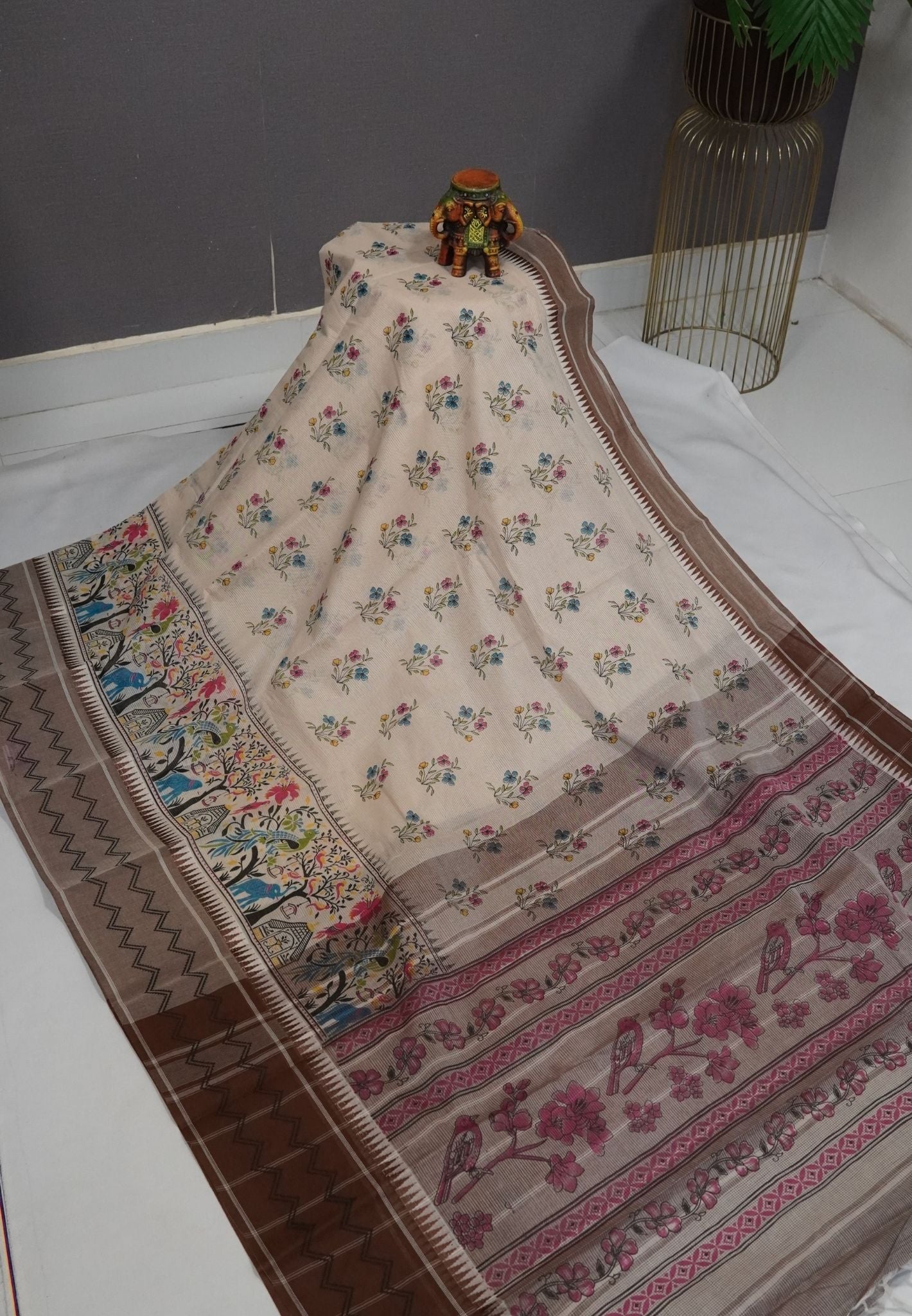 Pure Cotton Saree-Cream with Brown in Peacock Grove Pattern