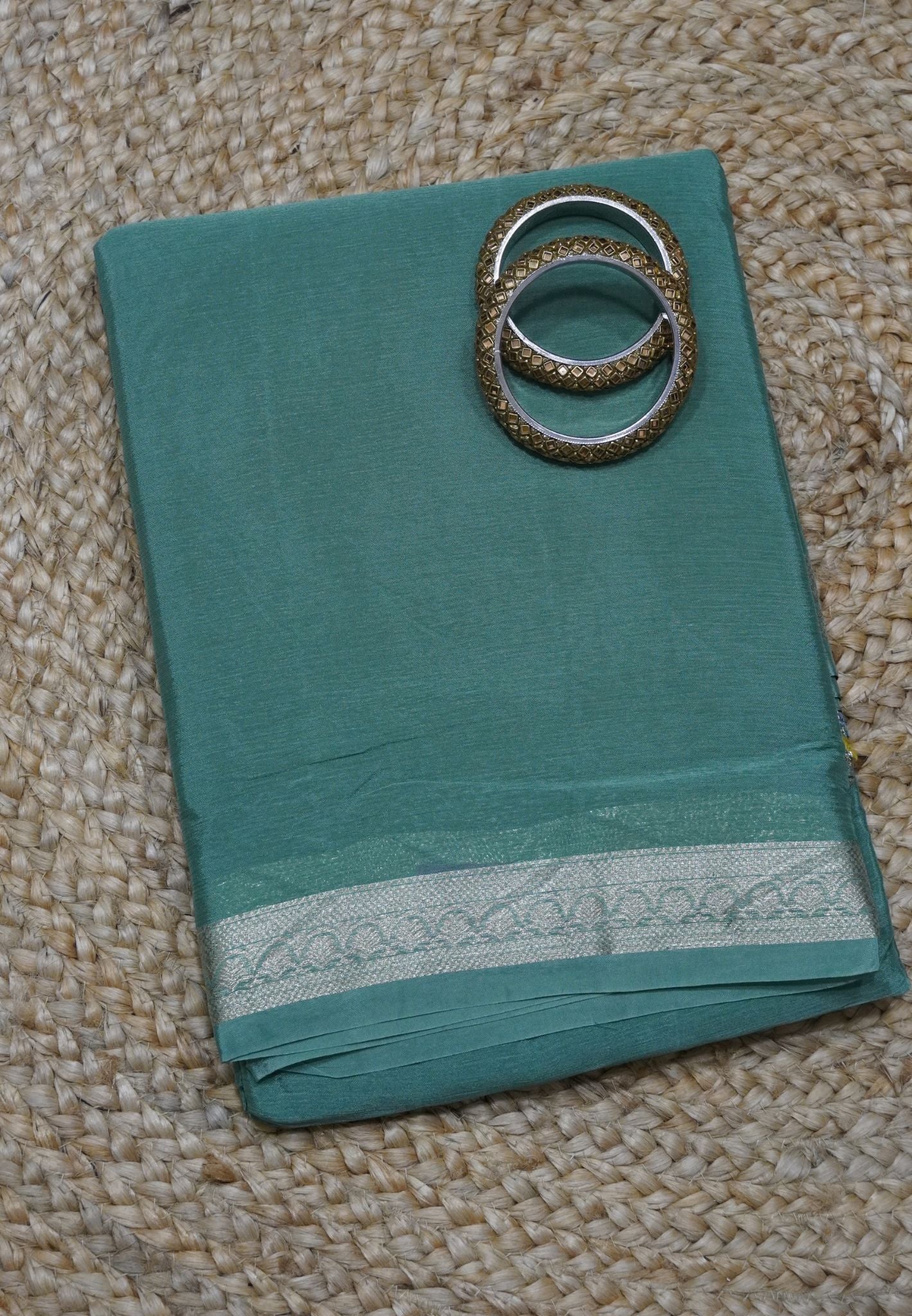 Semi Mysore Silk Saree - Light Sea Green with Small Border