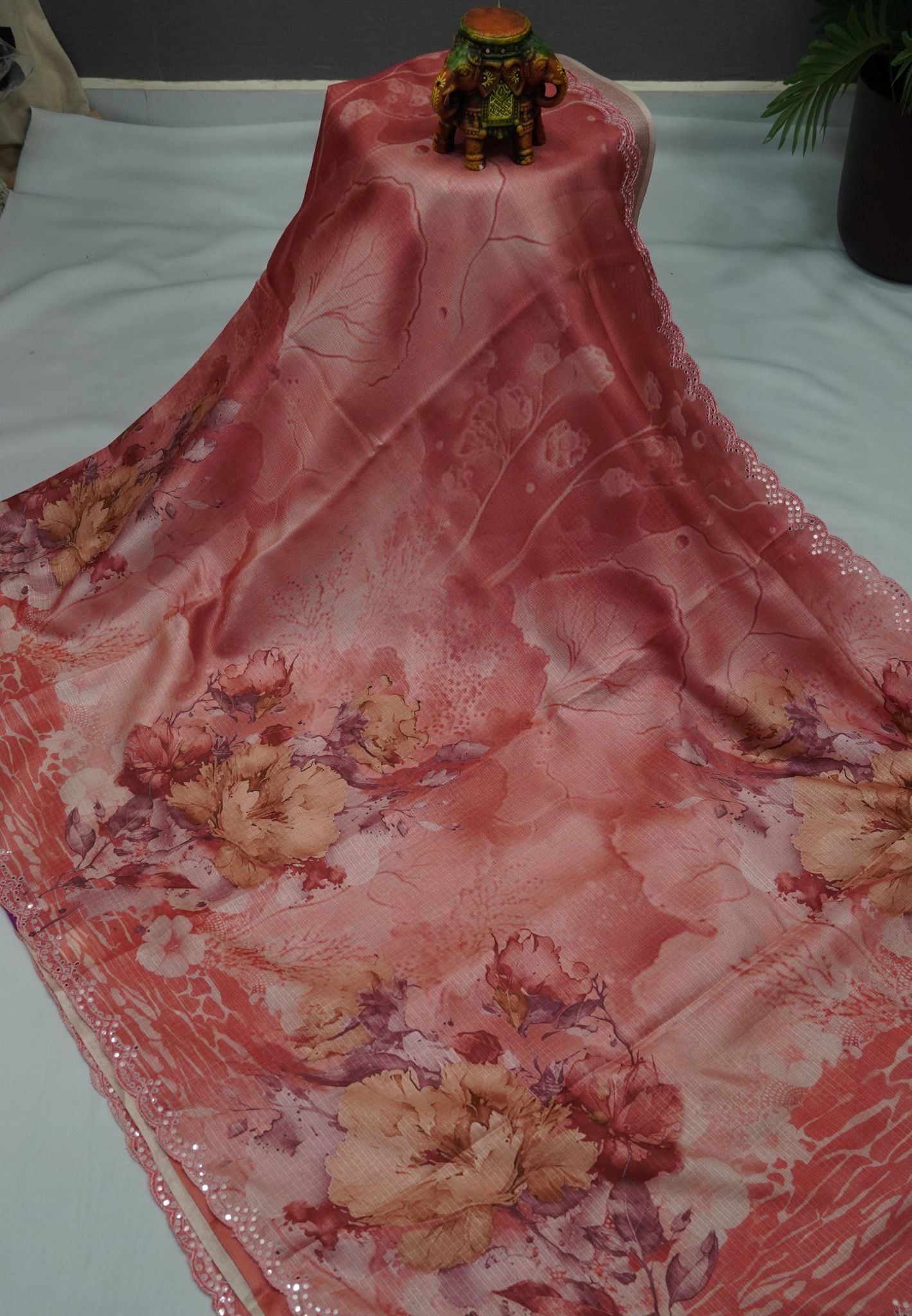 Matka Tussar Saree – Orange Floral Print with Scallop Border