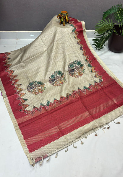 Semi Tussar Saree-Cream in Zigzag Tribal Pattern Border