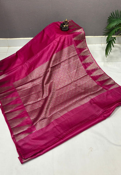 Pure Tussar Saree-Magenta In Tazhalampoo Zari Border