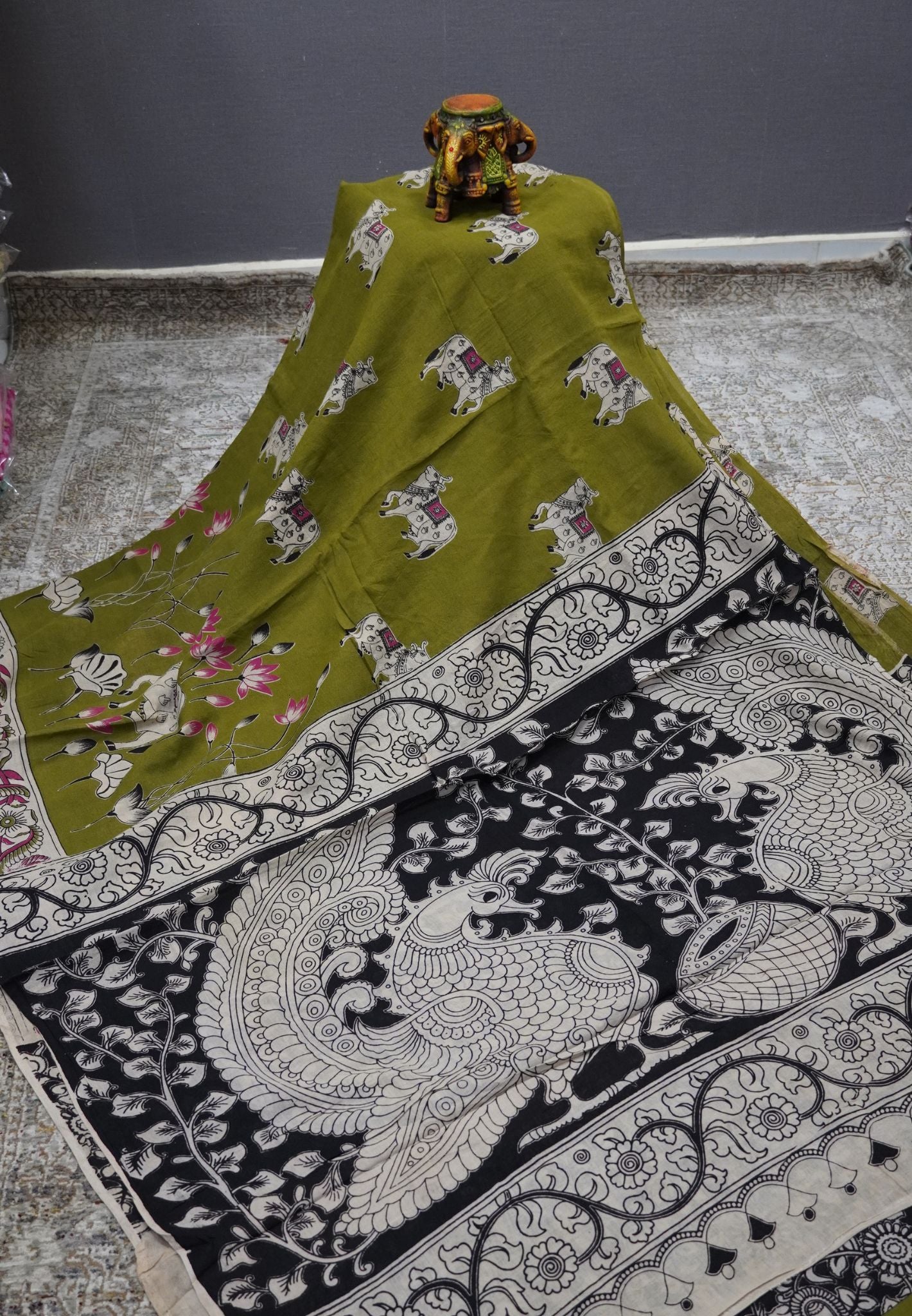Kalamkari Cotton Saree – Traditional Art Inspired Design – Green