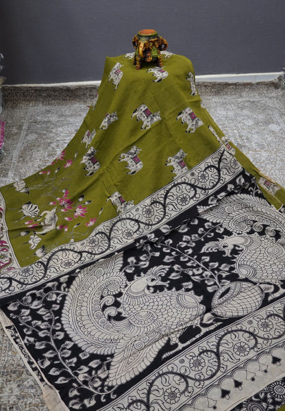 Kalamkari Cotton Saree – Traditional Art Inspired Design – Green