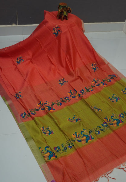 Cora Linen Saree-Dark Peach with Thanjur Print