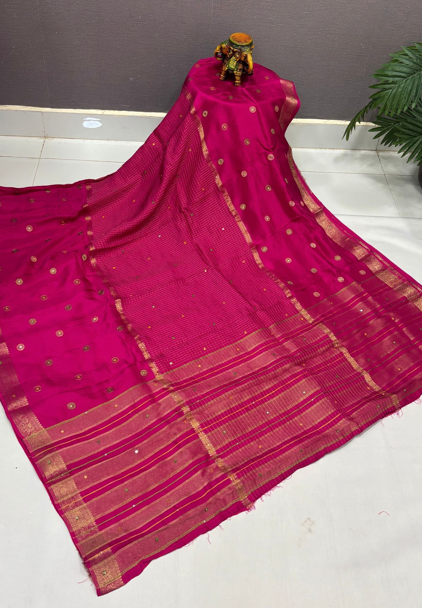 Viscose Saree-Rani Pink In Fine Stripe Zari Border