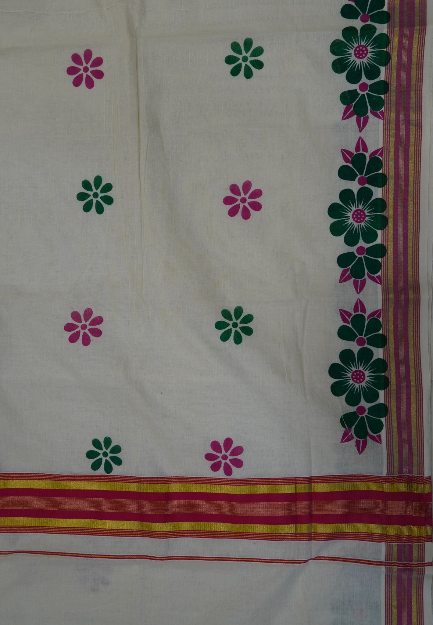 Cotton Saree-Off White with Contrast Gold Striped Border