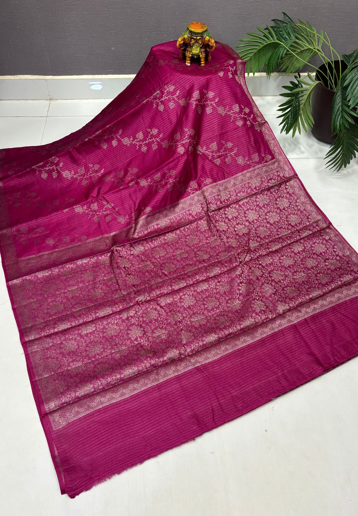 Pure Tussar Saree-Magenta in Floral Vine Brocade Border