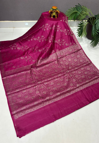 Pure Tussar Saree-Magenta in Floral Vine Brocade Border