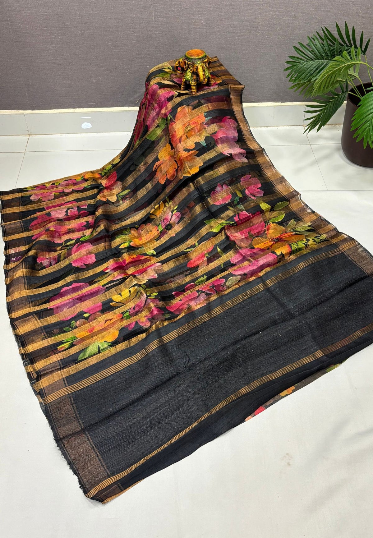 Pure Organza Tussar Saree-Black In Striped Zari Border