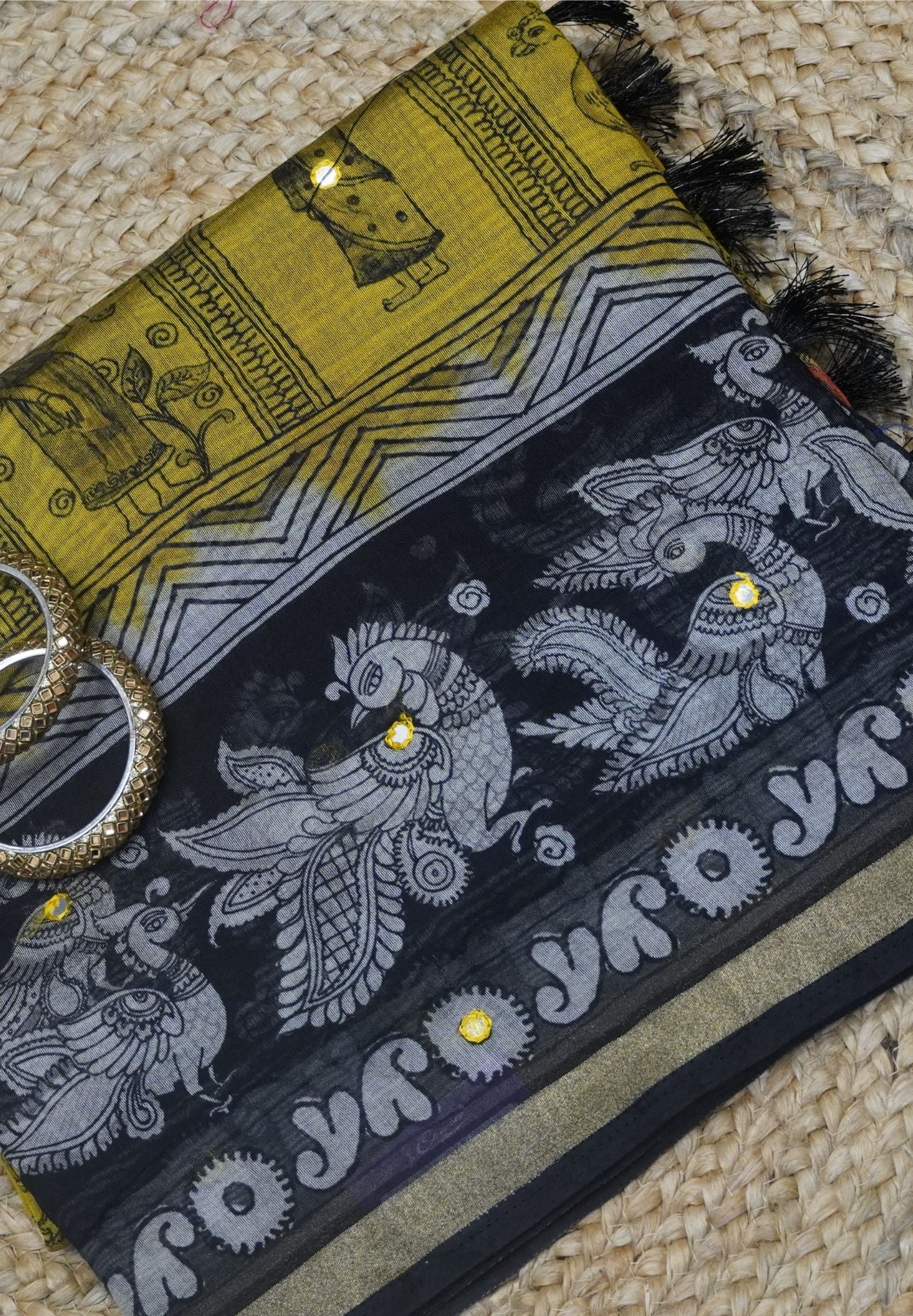 Malai Cotton Saree-Mustard Mirror Work with Annam border