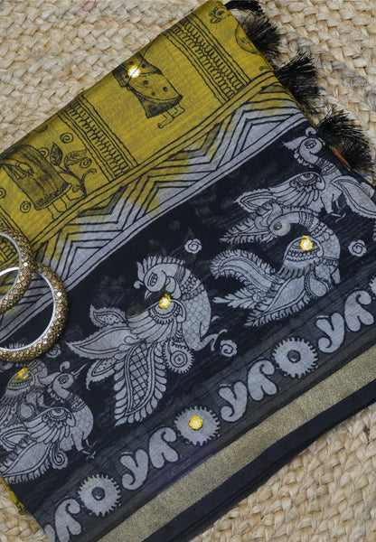 Malai Cotton Saree-Mustard Mirror Work with Annam border
