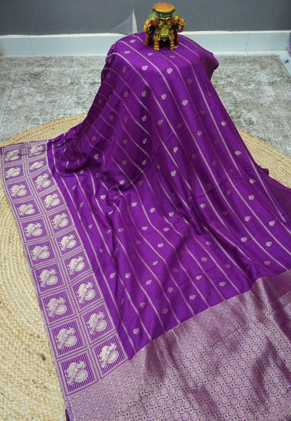 Satin Tussar Saree-Purple with Checked Peacock Border