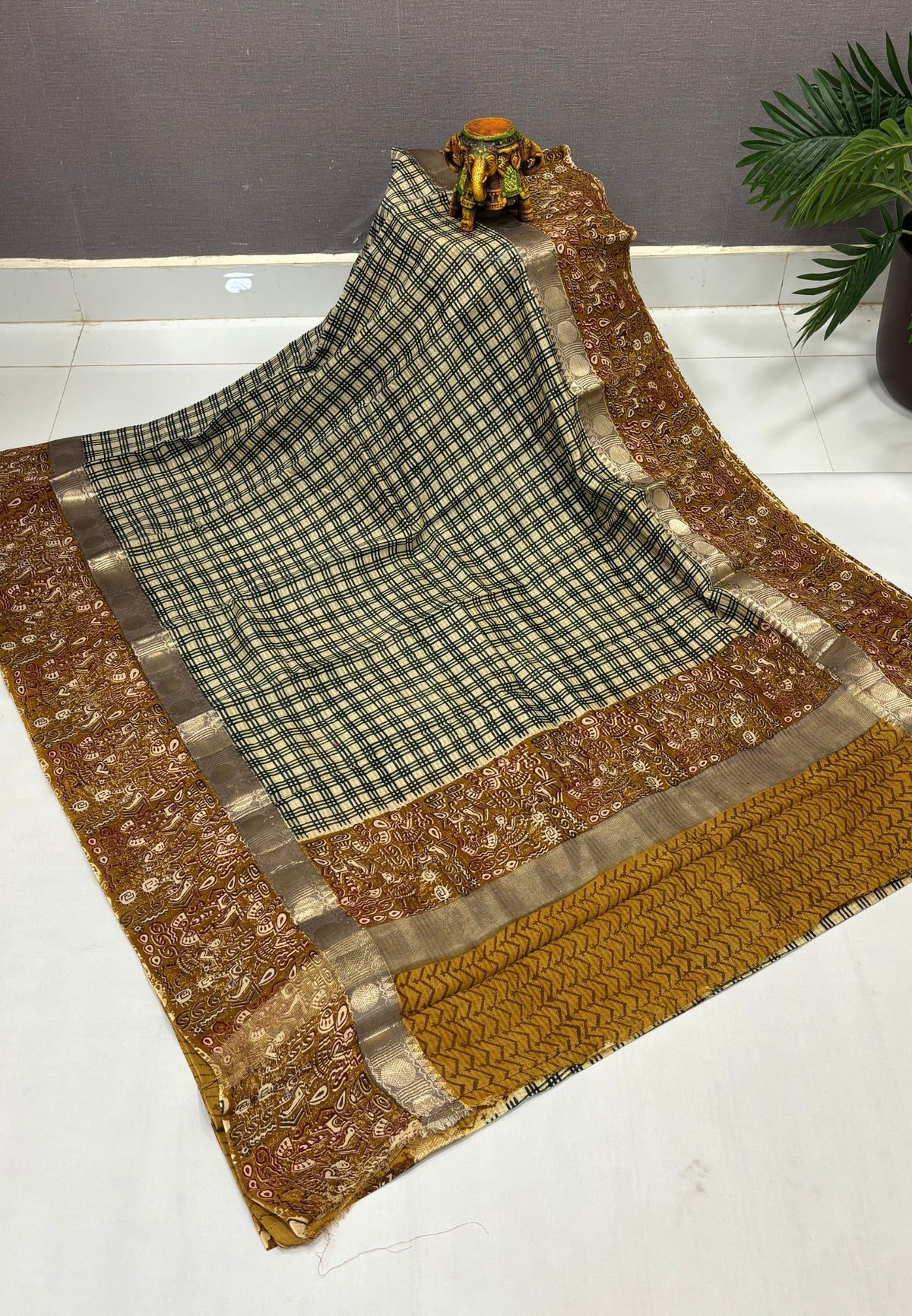 Pure Chanderi Saree-Dark Mustard In Linear Zari Border