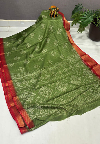 Semi Dola Silk Saree-Grass Green In Floral Dotwork Border