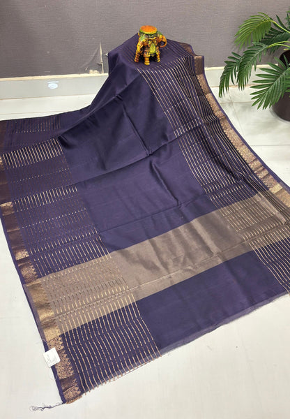 Semi Chinya Silk Saree-Dusty Violet In Fine Stripe Zari Border