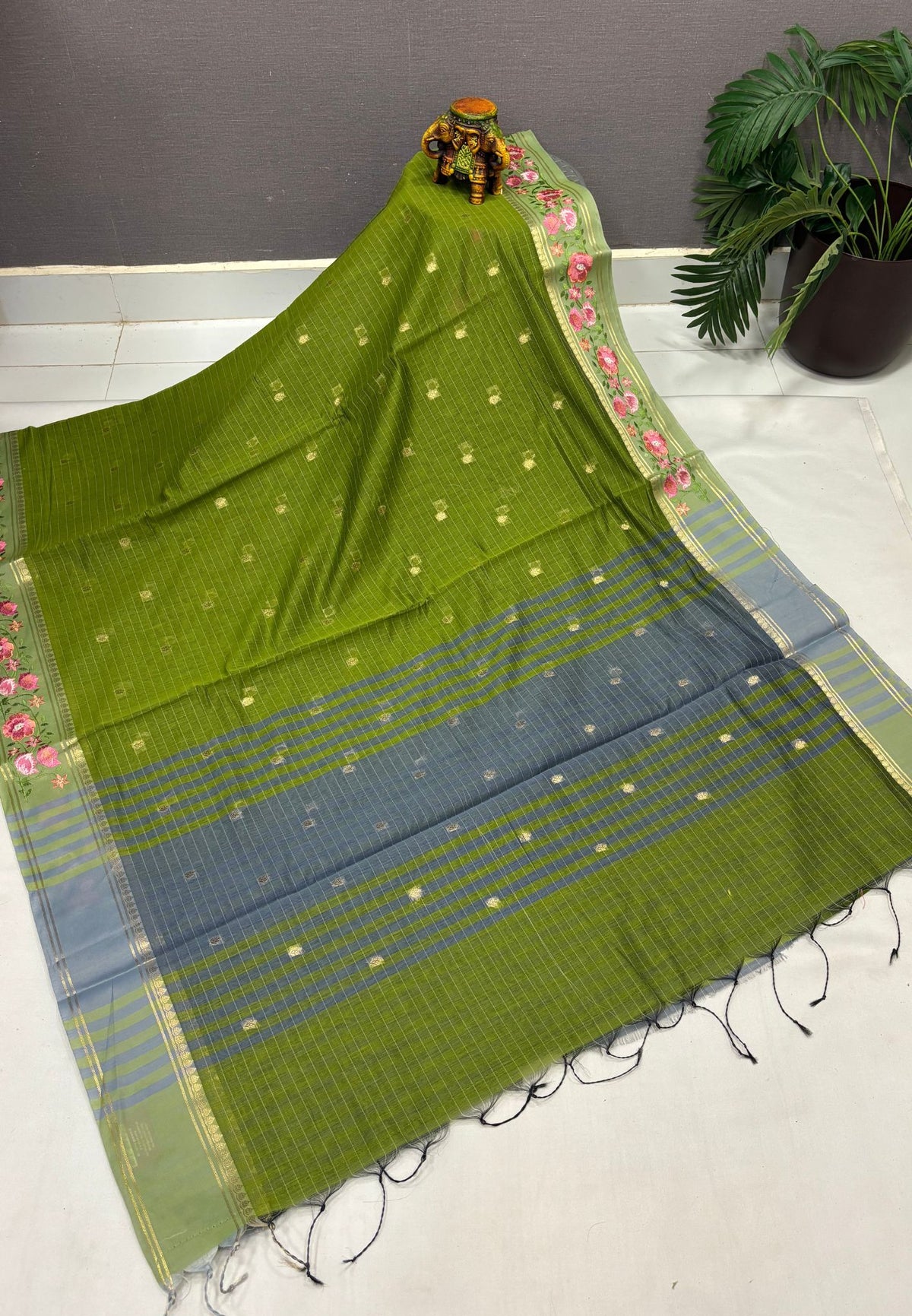 Handloom Cotton Saree-Olive Green in Floral Vine Border with Zari Stripes
