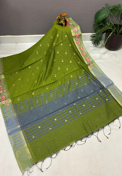 Handloom Cotton Saree-Olive Green in Floral Vine Border with Zari Stripes