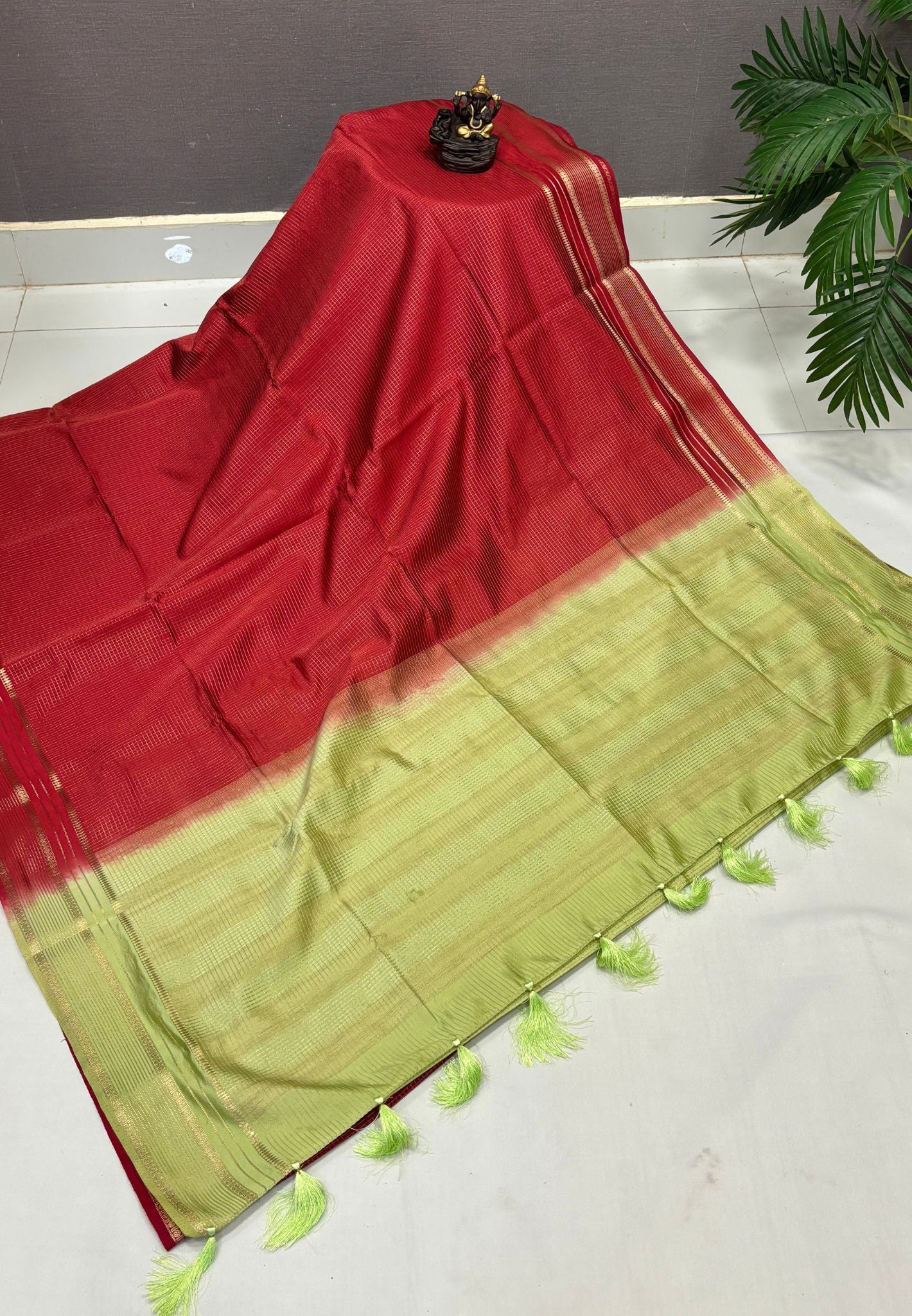 Mulberry Silk Saree-Red In Striped Zari With Contrast Border