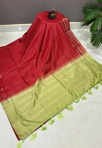 Mulberry Silk Saree-Red In Striped Zari With Contrast Border