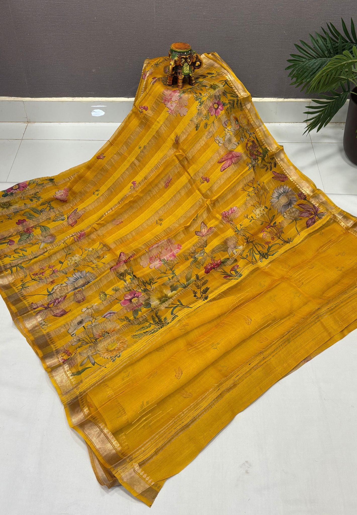 Pure Organza Tussar Saree-Mustard In Multi-Stripe Zari Border