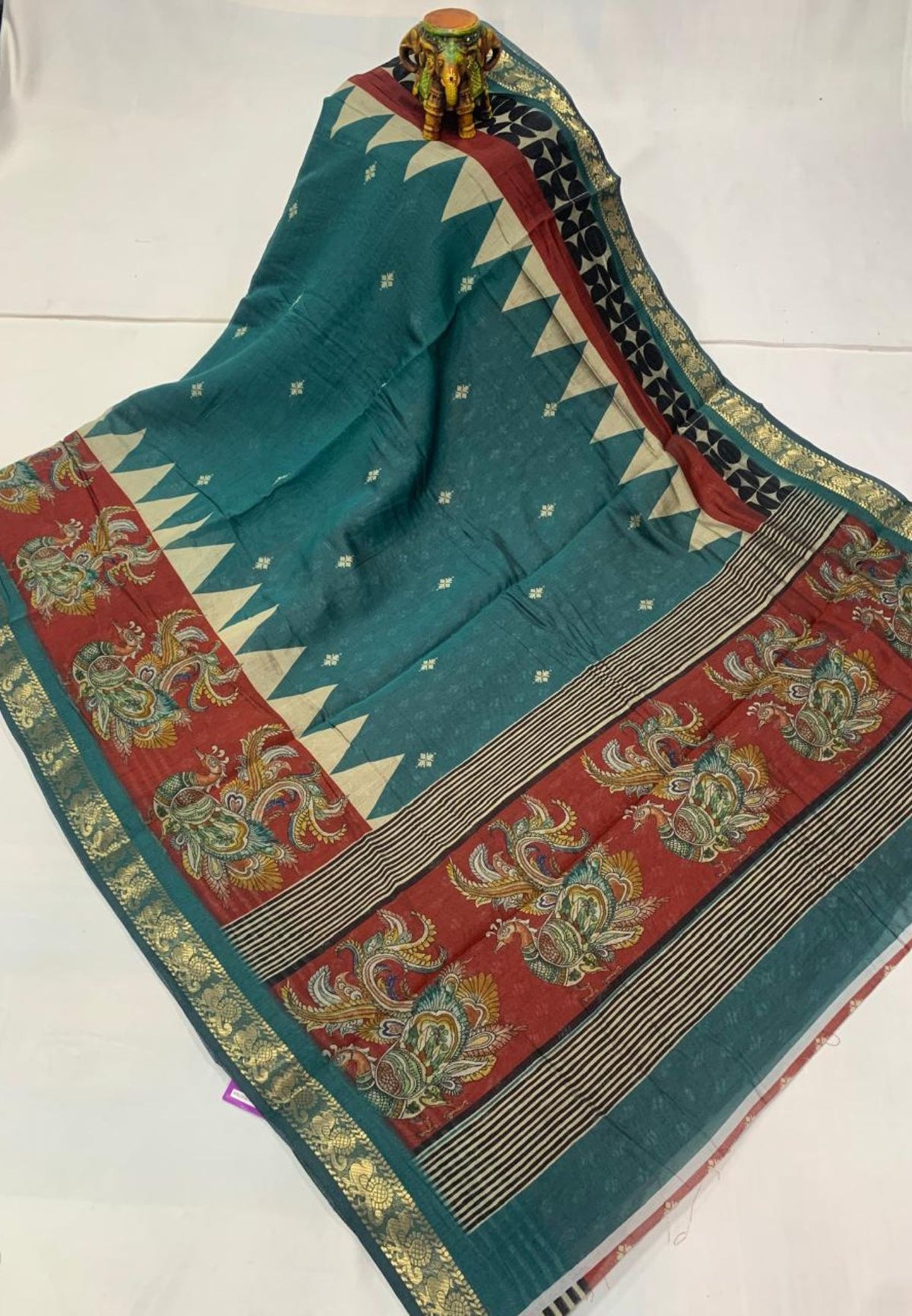 Malai Cotton Saree-Metallic Blue with Kalamkari Border