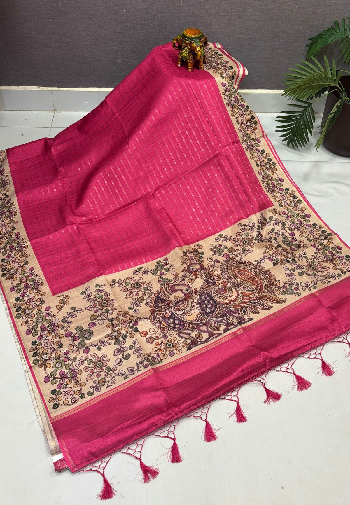 Semi Tussar Saree-Pink in Kalamkari Peacock Floral Border