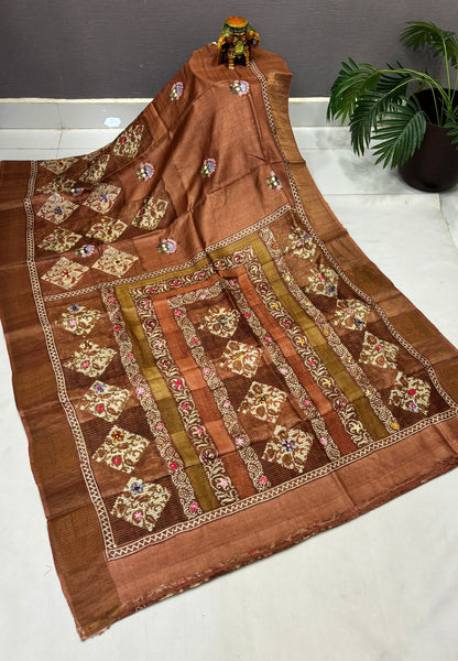 Pure Tussar Saree-Rust Orange  with Mirror Work