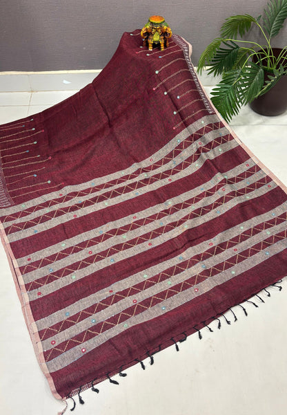 Linen Saree-Maroon in Kantha Mirror Work Border