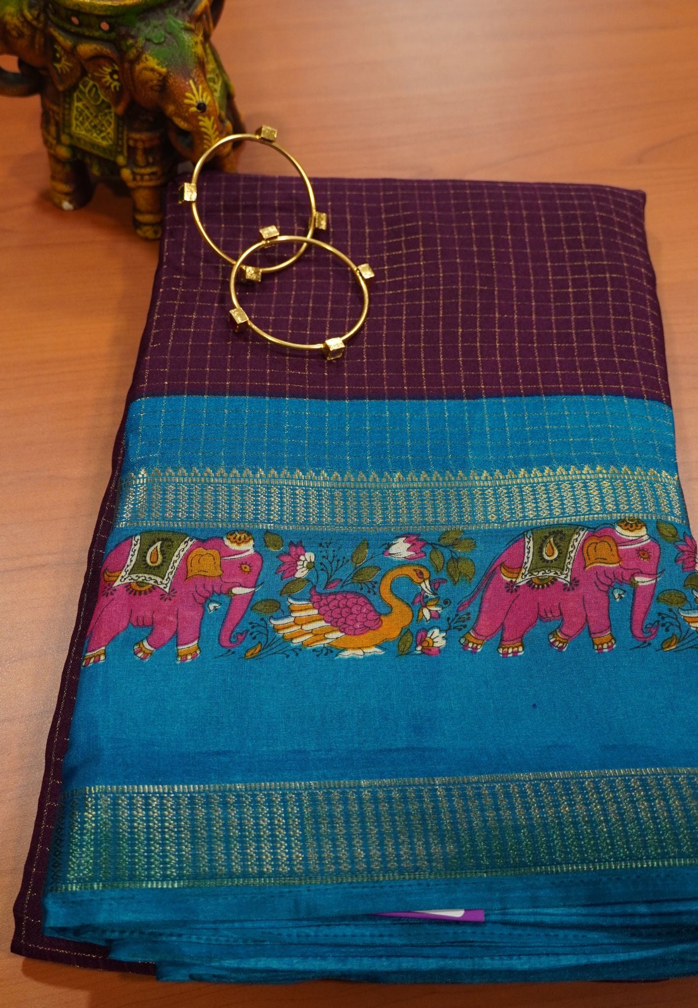 Chiffon Saree - Checks Wine - Blue
