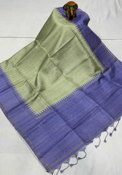Semi Tussar Saree-Pista Green with Plain Zari Border