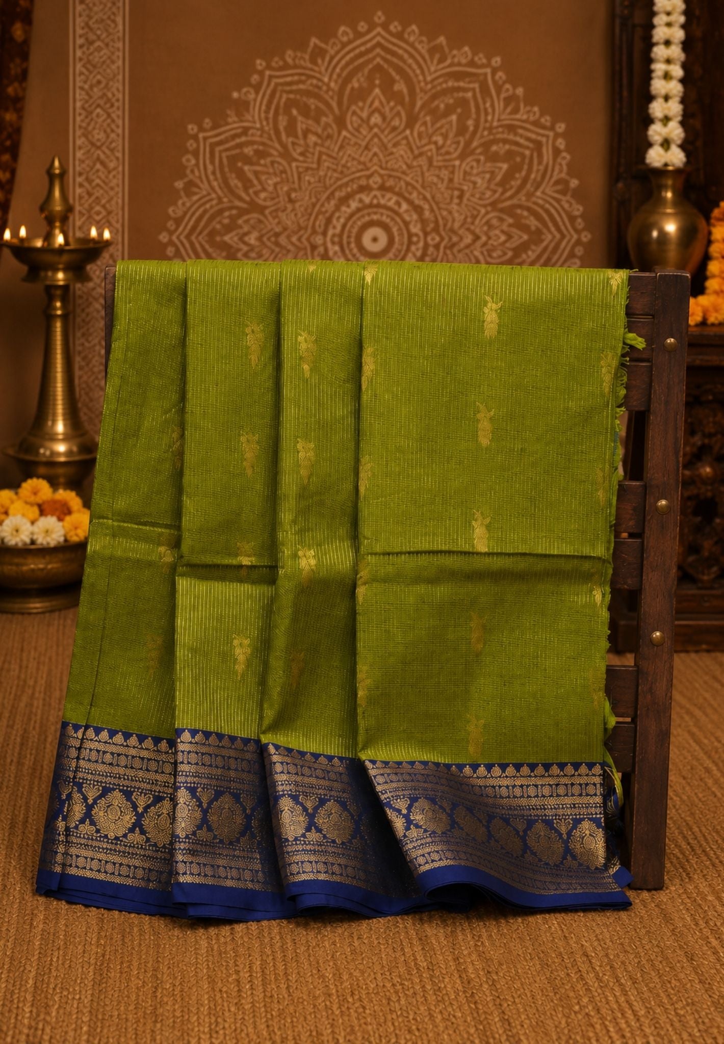 Chettinad Cotton Saree–Olive Green Vairaoosi