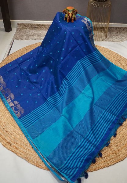 Raw Silk Saree-With Tree and Elephant-Blue